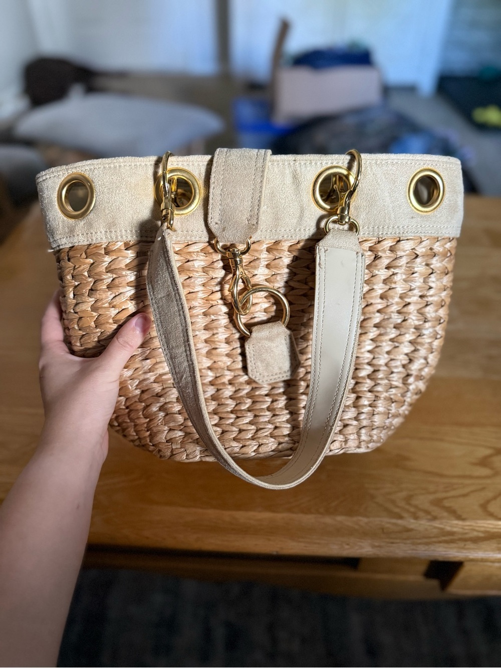 Woven Straw Tote Bag with Cream Trim and Gold Hardware